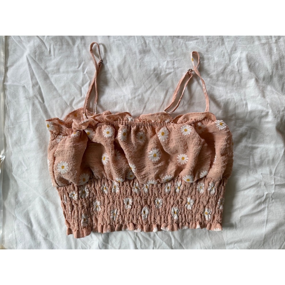 Forever 21 Pink Daisy Smocked Ruffle Crop Top Spaghetti Strap Cottage Bobo Y2K S